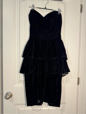 Vintage 80s Style Niki Black Strapless Crushed Velvet Tiered Cocktail Dress